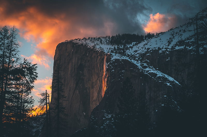 mountain, cliff, sunset, clouds, snow, sky, HD wallpaper