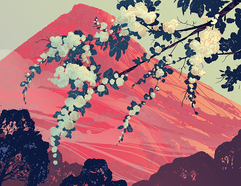 mountain, branches, flowers, landscape, art, HD wallpaper