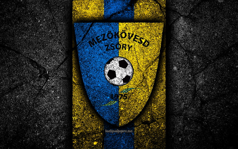 Mezokovesd Zsory FC, logo, Hungarian Liga, soccer, NB I, black stone, football club, Hungary, Mezokovesd Zsory, football, asphalt texture, FC Mezokovesd Zsory, HD wallpaper