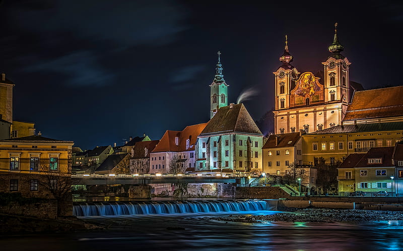 Steyr nightscapes, bridge, Upper Austria, Europe, Austria, austrian cities, Steyr at night, HD wallpaper