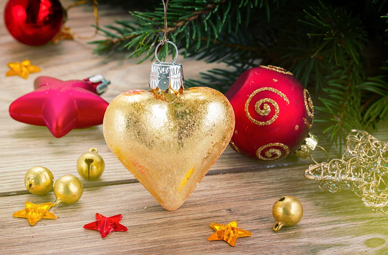 Christmas , red, stars, Christmas, ornaments, corazones, still life, gold, pine, wood, HD wallpaper