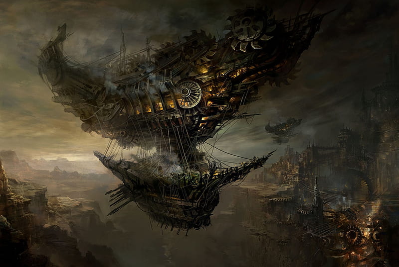 Airship, art, city, steampunk, mountains, river, HD wallpaper