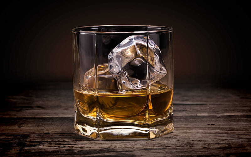 Whiskey with ice, glass cup, ice cubes, wooden table, Whiskey, HD wallpaper