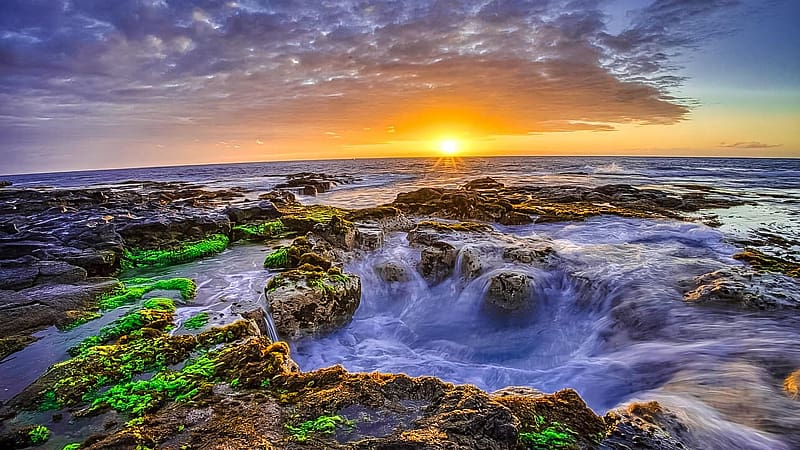 Sunset at Pele’s Well-WawaLoli Beach, Big Island, Hawaii, clouds, usa, islands, water, pacific, ocean, stones, sky, HD wallpaper