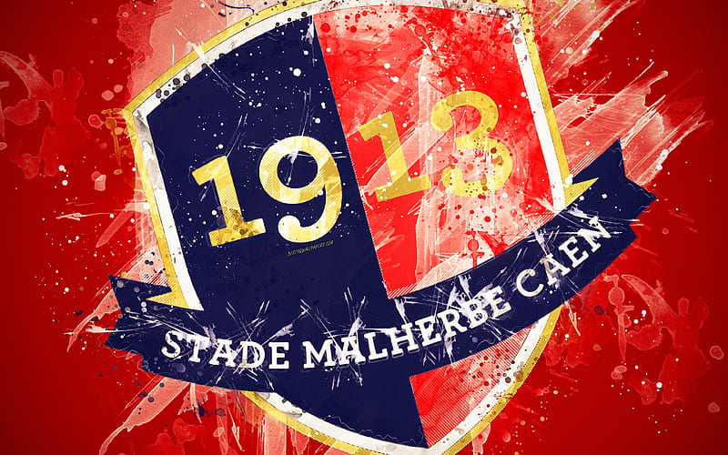 Stade Malherbe Caen paint art, creative, French football team, logo, Ligue 1, emblem, red background, grunge style, Caen, France, football, Caen FC, HD wallpaper
