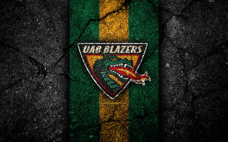 UAB Blazers american football team, NCAA, green yellow stone, USA, asphalt texture, american football, UAB Blazers logo, HD wallpaper
