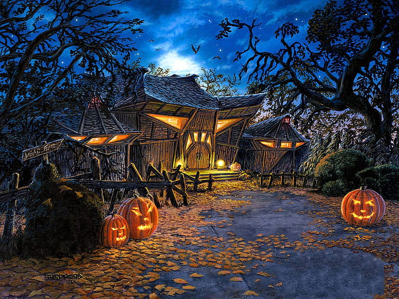 The House at the Dead End, pumpkins, night, halloween, moonlight, artwork, light, HD wallpaper