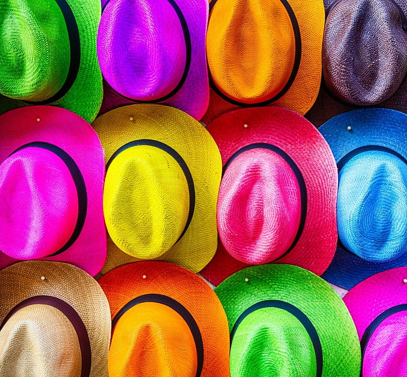 Hats, colorful, orange, yellow, rainbow, hat, vara, green, texture, summer, skin, pink, blue, HD wallpaper