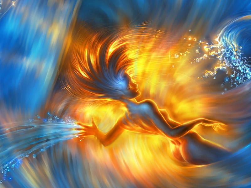 Birth of a goddess, fire, birth, water, bright, fantazy, HD wallpaper