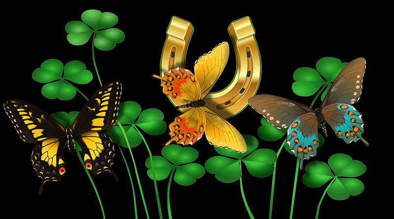 Butterflies and Shamrocks F, art, Saint Patricks Day, holiday, horse shoe, bonito, butterflies, illustration, artwork, March, painting, wide screen, shamrocks, occasion, HD wallpaper