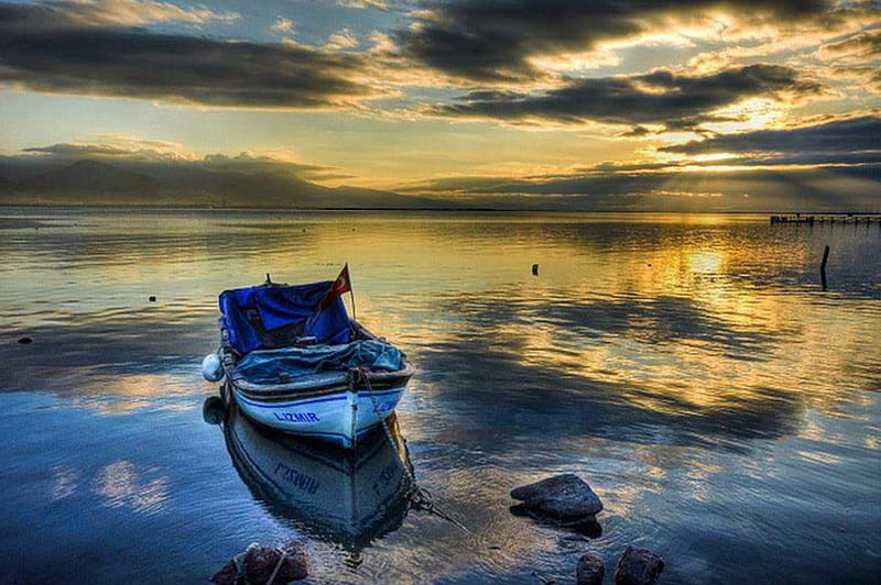 Boat At Sunset, Boat, Nature, Sunset, Reflection, Clouds, Sky, Lake, Hd 