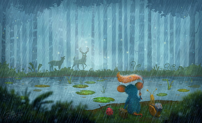 The song of the rain, forest, frumusete, cerb, orange, luminos, leaf, deer, mit nguyen, water, green, mouse, rain, caprioare, wood, blue, HD wallpaper