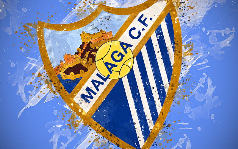 Malaga CF paint art, logo, creative, Spanish football team, Segunda, emblem, blue background, grunge style, Malaga, Spain, Second Division B, football, HD wallpaper