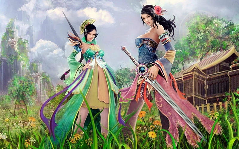 Two warriors, warrior, fantasy, woman, sword, HD wallpaper | Peakpx