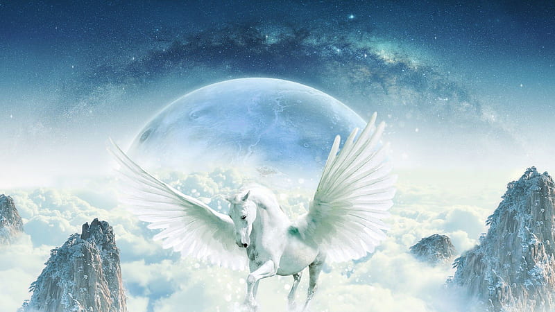 White Unicorn With Wings Between Mountains In Sky Background Unicorn, HD wallpaper