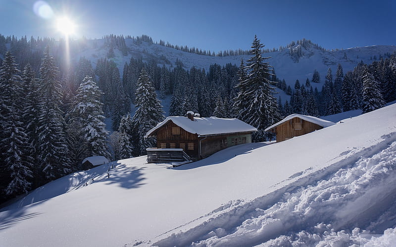 Alps, winter landscape, mountains, snow, hut, Algae Alps, Algae, Bavaria, Germany, HD wallpaper