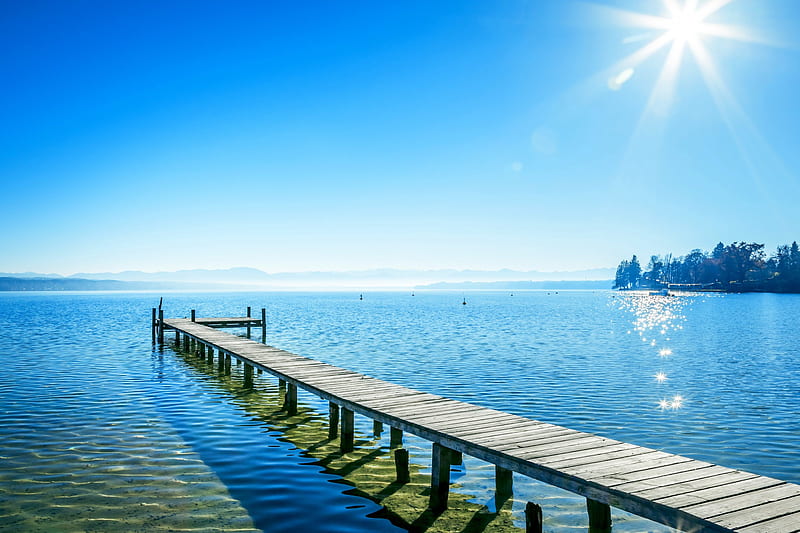 Sunny Day Over Lake Starnberg, Bavaria, dock, serenity, summer, bonito, Germany, lake, blue, HD wallpaper