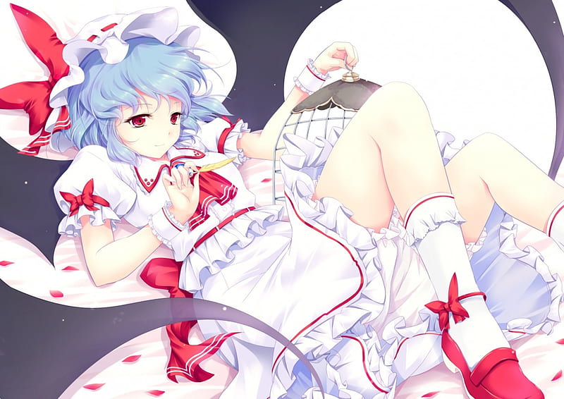 Remilia Scarlet, bat wings, kneehighs, light smile, sweet, touhou, hot, wrist cuffs, feathers, wings, ribbon, lying, skirt, anime female, sexy, white legwear, cute, cool, cage, blue hair, headdress, birdcage, petals, shoes, red eyes, HD wallpaper