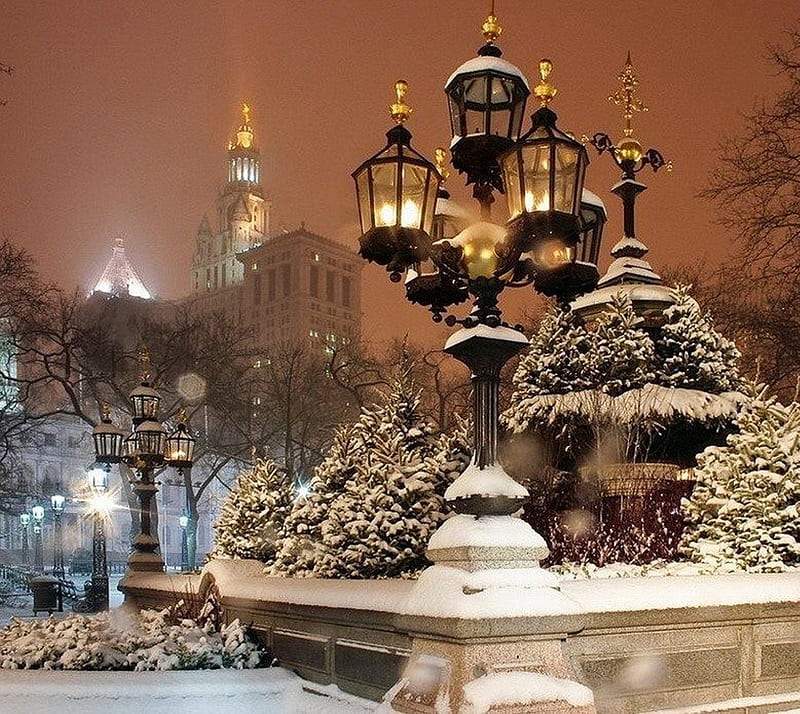 snowy night, city, frozen, night, snow, winter, HD wallpaper