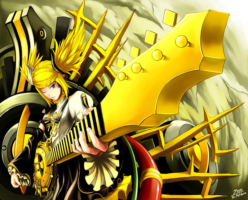 Rock and Roll all night, badass, headphones, yellow, bonito, program, gold, guiter, hot, beauty, anime girl, kagamine, vocaloids, blue eyes, vocaloid, kagamine rin, music, blonde hair, twintails, sexy, cute, cool, rin, awesome, HD wallpaper