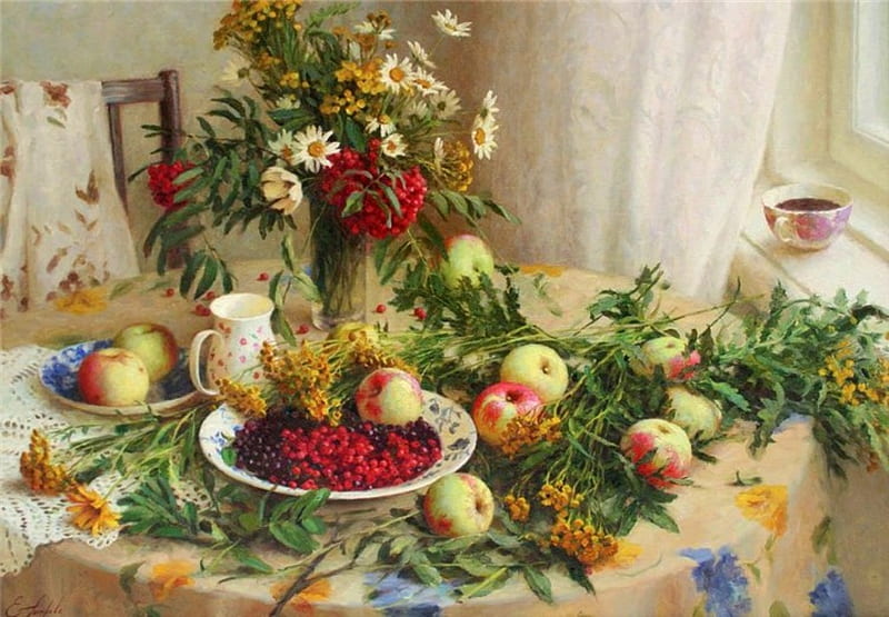 spread of colors, table, window, cloth, apples, vase, curtain, berries, cup, flowers, chair, bowl, HD wallpaper