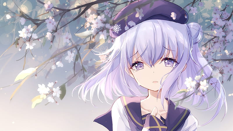 anime girl, crying, tears, silver hair, cherry blossom, Anime, HD wallpaper