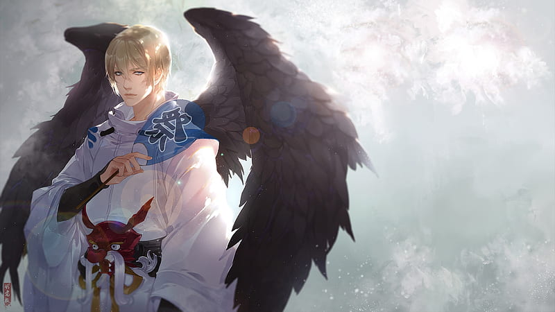 Anime boy, black wings, angel; Anime Guys