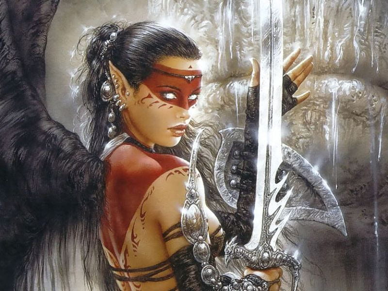 Luis Royo, red, art, angel, bonito, woman, sexy, warrior, girl, sword, HD wallpaper