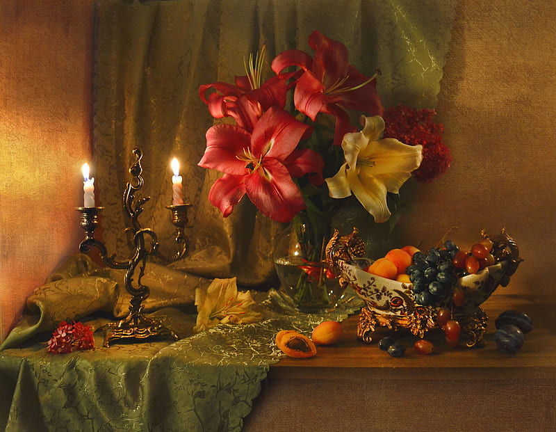 Still life, Candles, Flowers, Vase, Candlestick, Fruits, HD wallpaper