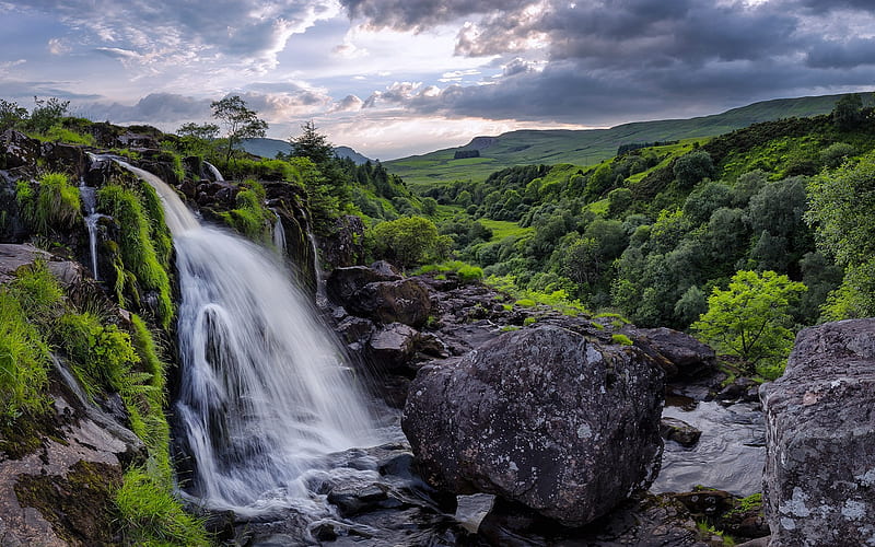 waterfall, river, green hills, forest, Stirlingshire, Scotland, Great Britain, United Kingdom, HD wallpaper