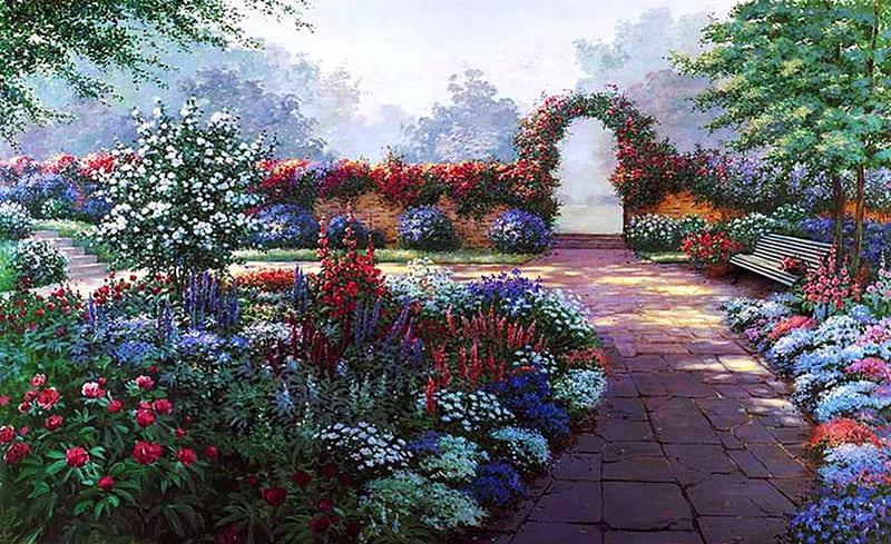 Beautiful Garden, rosebow, plants, painting, flowers, path, roses, HD ...