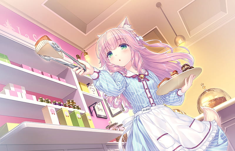 nekopara, fraise, cute, pink hair, dessert, maid outfit, Anime, HD wallpaper
