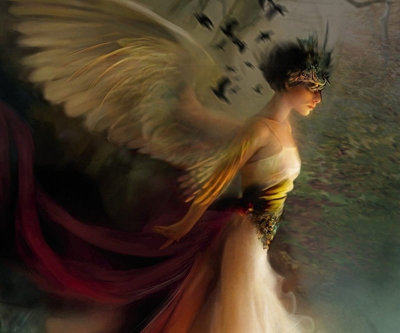 Angel, art, wings, fantasy, bente schlick, girl, luminos, feather, red, HD wallpaper