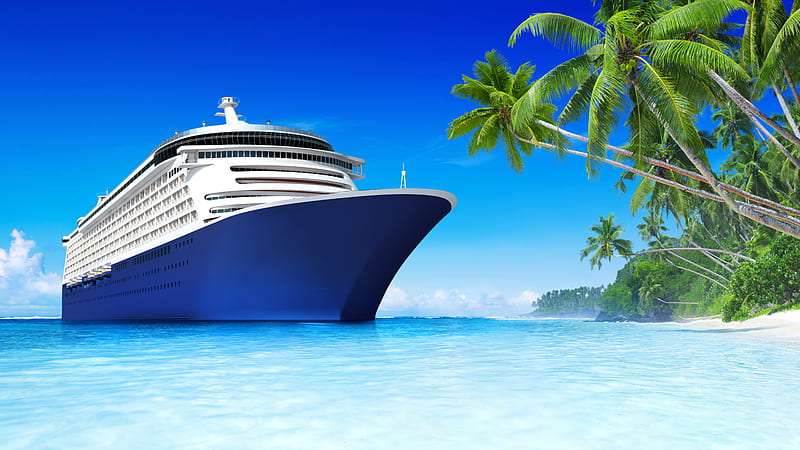 Blue And White Cruise Ship With Background Of Blue Sky And Trees On Side Cruise Ship, HD wallpaper