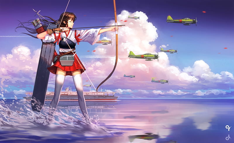 Akagi, red, cloud, kantai collection, manga, airplane, water, girl, anime, liang xing, archer, white, blue, HD wallpaper