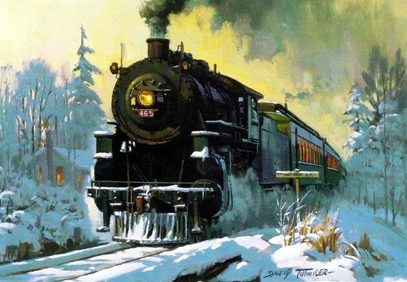 Winter Train, locomotive, snow, nature, steam, artwork, firs, HD wallpaper