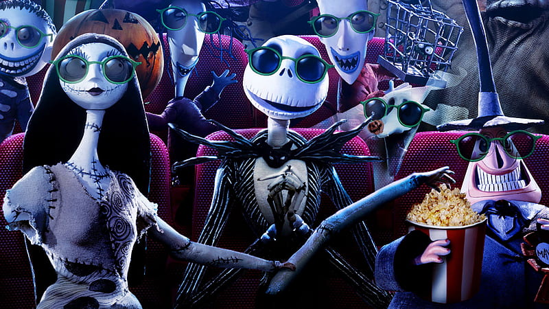 the nightmare before christmas jack skellington wearing goggles watching movie in theater movies, HD wallpaper
