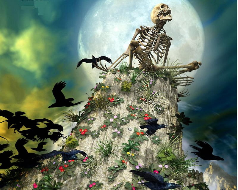 The-Great-Gig-In-The-Sky, skeleton, gig, great, crow, sky, HD wallpaper