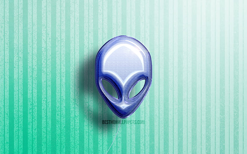 Alienware 3D logo, blue realistic balloons, brands, Alienware logo, blue wooden backgrounds, Alienware, HD wallpaper