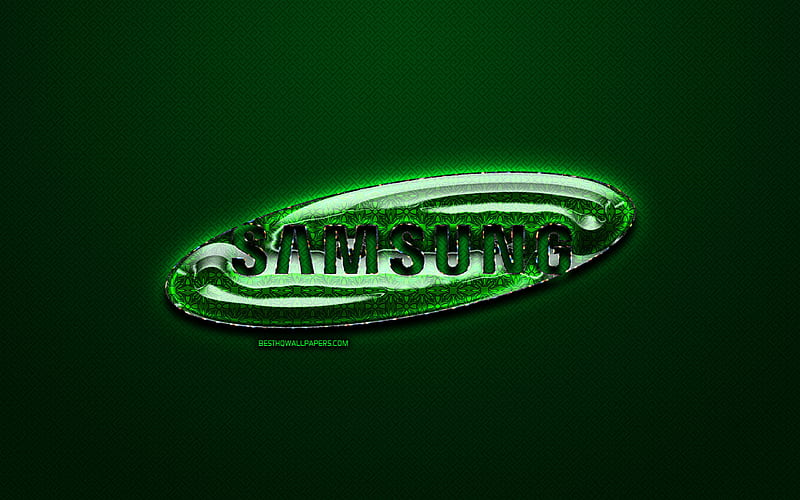 Samsung green logo, green vintage background, artwork, Samsung, brands, Samsung glass logo, creative, Samsung logo, HD wallpaper