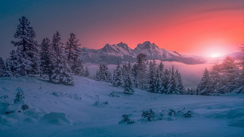 Sunset at the High Tauern Mountains, Styria, Austria, snow, landscape, trees, alps, mountains, rocks, sunset, HD wallpaper