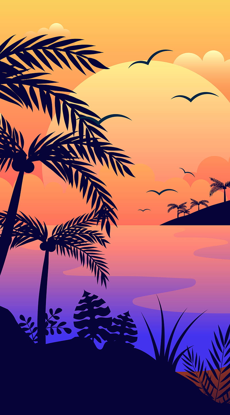 Beach Florida, Tupac2x, birds, calm, cool, evening, illustration, jacksun, lake, peace, trees, HD phone wallpaper