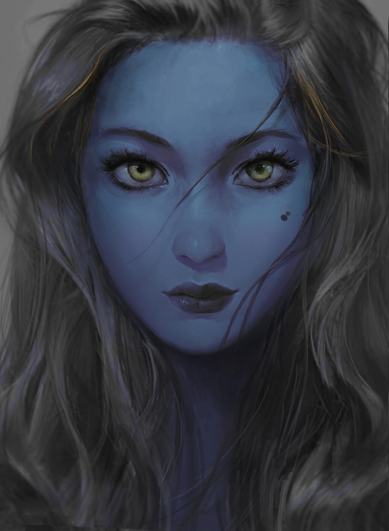 fantasy art, blue, fantasy girl, face, HD phone wallpaper