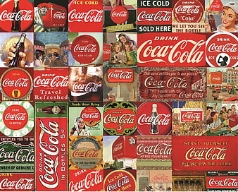 Collage Coca-Cola, red, poster, add, collage, commercial, coca cola, white, vintage, HD wallpaper