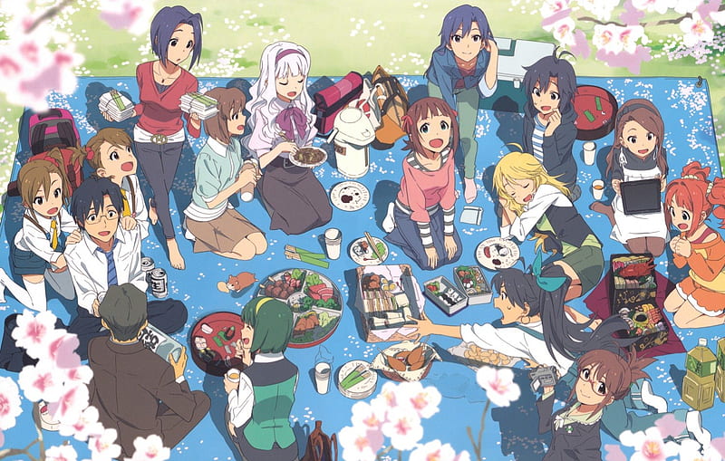 ~Idolmaster Picnic~, grass, food, talking, blanket, picnic, idolmaster, anime, people, flowers, drink, petals, eating, friends, HD wallpaper