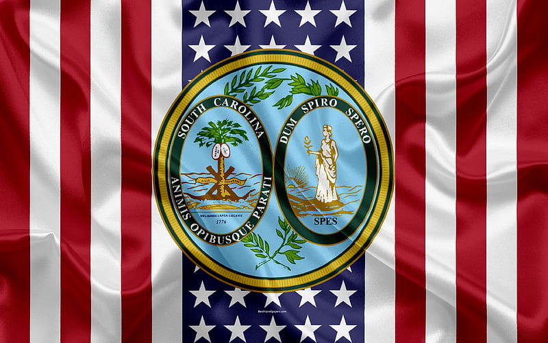 South Carolina, USA American state, Seal of South Carolina, silk texture, US states, emblem, states seal, American flag, HD wallpaper