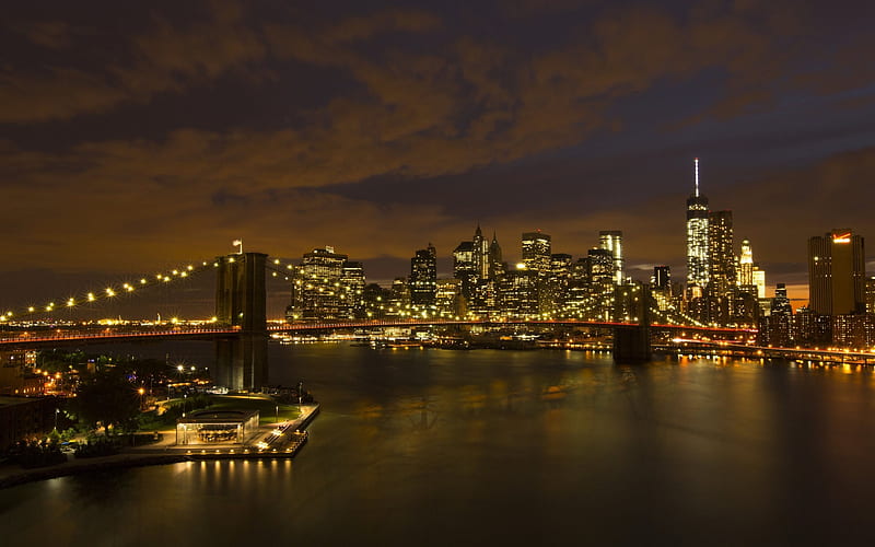 New York, night, brooklyn bridge, skyscrapers, United States, HD wallpaper