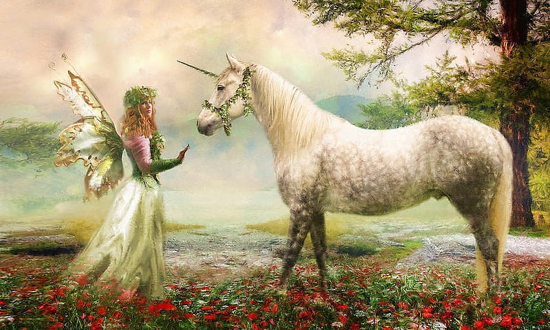 Fairy and a Unicorn, Fairy, fantasy, unicorn, magical, Painting, mythical, Dreamy, softness, HD wallpaper