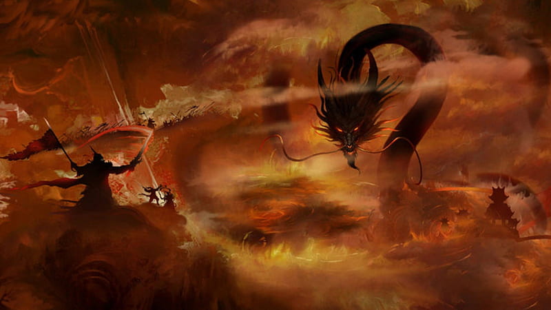 Samurai against Dragon., Dragon, Creature, Samurai, SlayerSegi, Architecture, Battle, Fantasy, Abys, HD wallpaper