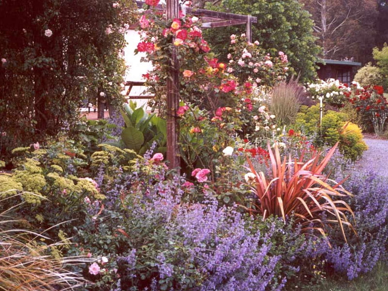 Flower Garden, garden, flowers, wooden structure, HD wallpaper